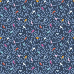 0,5 Meter - Baumwollpopeline bunte Vögel auf Zweigen...