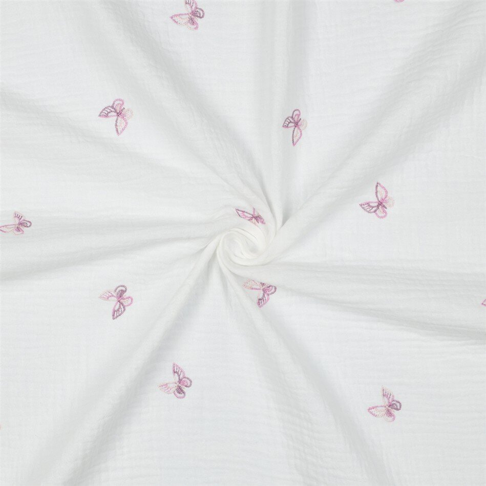 Musselin Bestickt Schmetterlinge - weiss/lila