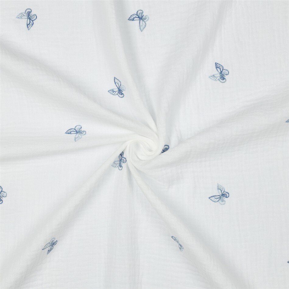 Musselin Bestickt Schmetterlinge - weiss/blau