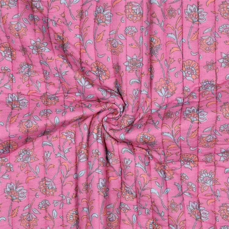 Steppstoff Musselin Blumenranken 2-Seitig- fuchsia/hellblau