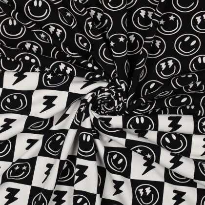 Baumwolljersey Smileys und Blitze - schwarz