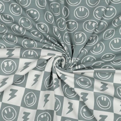Baumwolljersey Smileys und Blitze - salbei