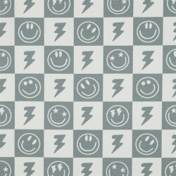 Baumwolljersey Smileys und Blitze - salbei