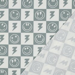Baumwolljersey Smileys und Blitze - salbei