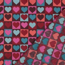 Baumwollpopeline Herzen im Quadrat - dunkelweinrot