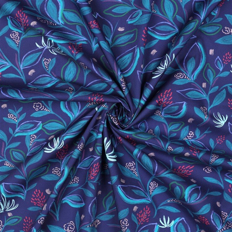Baumwollpopeline Digital Blätter - kobaltblau