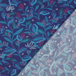 Baumwollpopeline Digital Blätter - kobaltblau