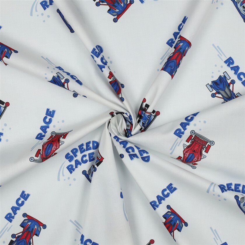 Baumwollpopeline Digital Rennautos - weiß