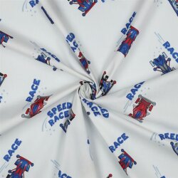 Baumwollpopeline Digital Rennautos - weiß