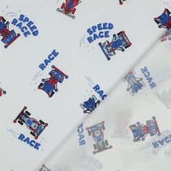 Baumwollpopeline Digital Rennautos - weiß