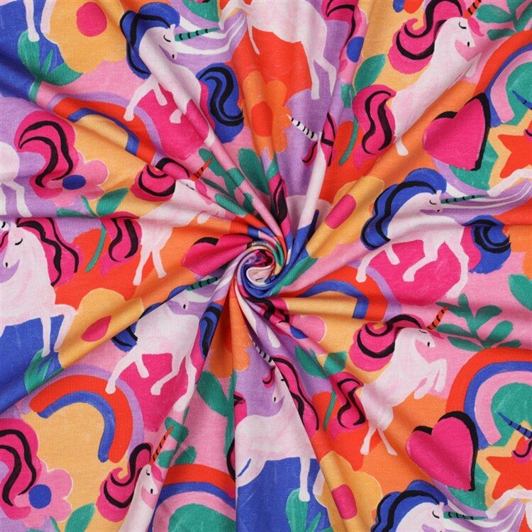 Baumwolljersey Digital bunte Einhörner - blau