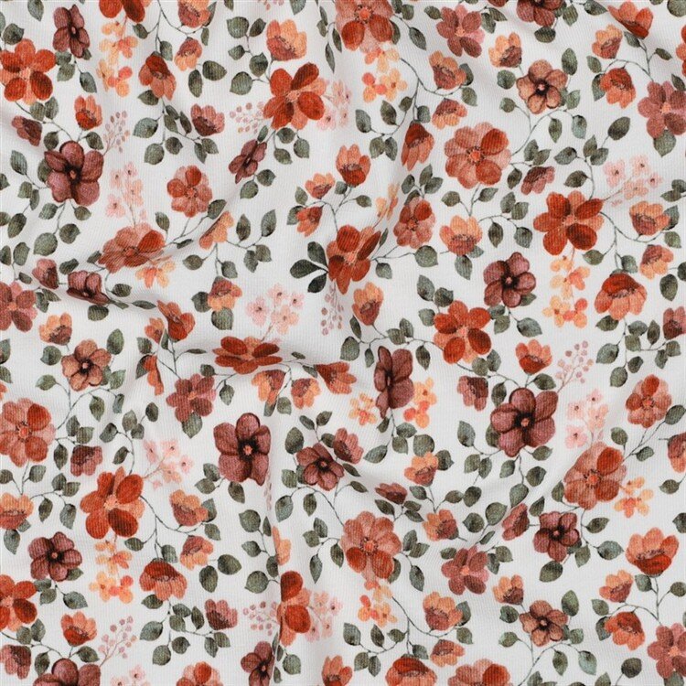 Baumwolljersey Organic Digital Blumen - weiß/pfirsich