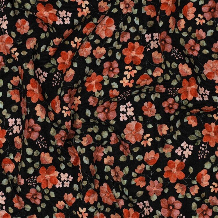 Baumwolljersey Organic Digital Blumen - schwarz/pfirsich