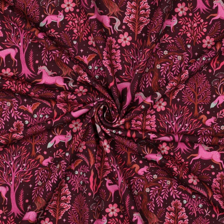 French Terry Digital Magische Waldtiere - weinrot