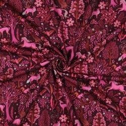 French Terry Digital Magische Waldtiere - weinrot