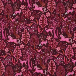 French Terry Digital Magische Waldtiere - weinrot