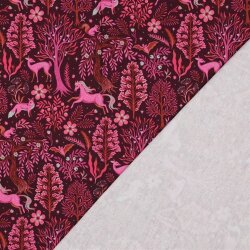 French Terry Digital Magische Waldtiere - weinrot