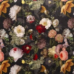 Polyester Satin Samt Romantische Blumen - schwarz