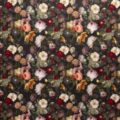 Polyester Satin Samt kleine Blumen - schwarz