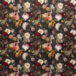 Polyester Satin Samt kleine Blumen - schwarz