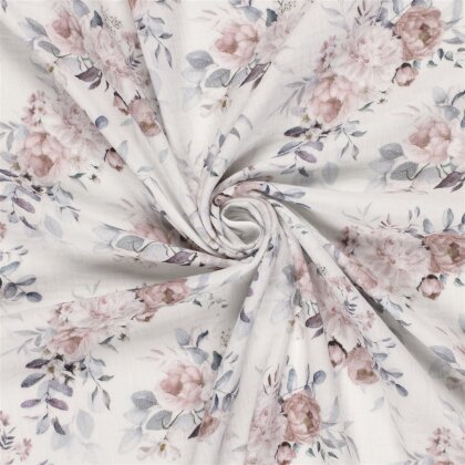 Musselin Digital Blumen - Wollweiss