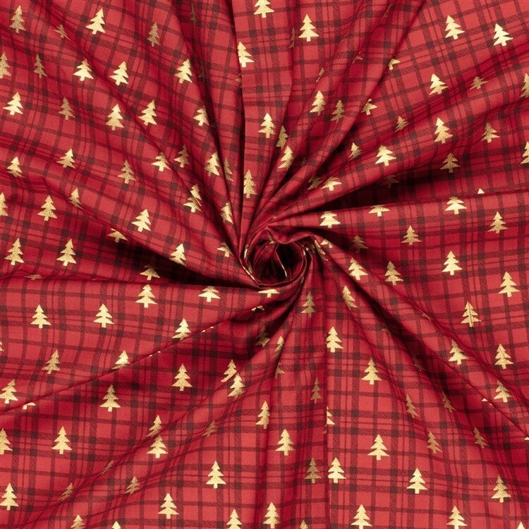 Baumwollpopeline Foliendruck Tannen Kariert - rot
