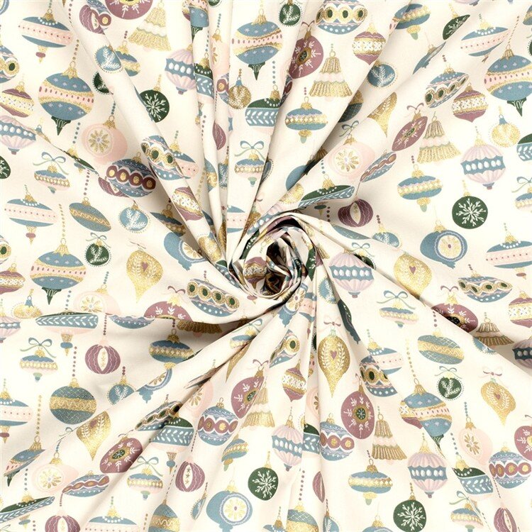 Baumwollpopeline Foliendruck Weihnachtskugeln - dunkelaltgrün - creme