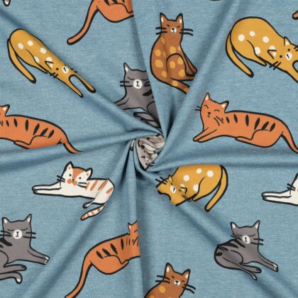 0,5 Meter - Baumwolljersey Katzen - schattenblau meliert