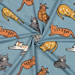 0,5 Meter - Baumwolljersey Katzen - schattenblau meliert