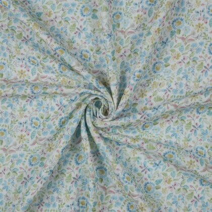 Musselin Digital Organic AquarellBlumen - weiss/blau