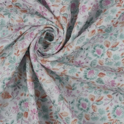 Musselin Digital Organic AquarellBlumen - weiss/petrol