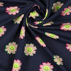 Baumwolljersey Neon Smiley Blumen - nachtblau
