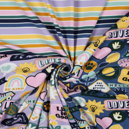 Baumwolljersey 80er Sticker Love - stahlblau