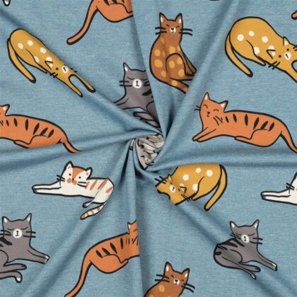 Baumwolljersey Katzen - schattenblau meliert