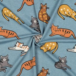 Baumwolljersey Katzen - schattenblau meliert