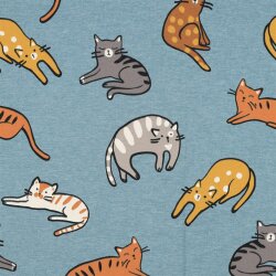 Baumwolljersey Katzen - schattenblau meliert