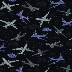 Baumwolljersey Digital Flugzeuge - dunkelblau