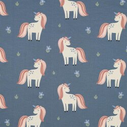 Baumwolljersey Glitzer Einhörner - jeansblau