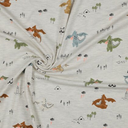 Baumwolljersey  Neon Drachen - creme meliert