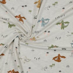Baumwolljersey  Neon Drachen - creme meliert