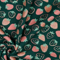 Baumwolljersey Glitzer Erdbeeren - smaragd