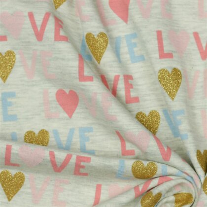 Baumwolljersey Glitzer Love - creme meliert