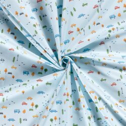 Baumwollpopeline bunte Fahrzeuge - hellblau