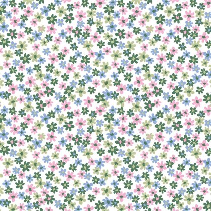 Baumwollpopeline kleine grüne Blumen - altweiss