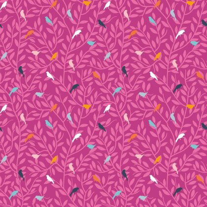Baumwollpopeline bunte Vögel auf Zweigen - pink