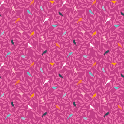 Baumwollpopeline bunte Vögel auf Zweigen - pink