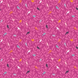 Baumwollpopeline bunte Vögel auf Zweigen - pink