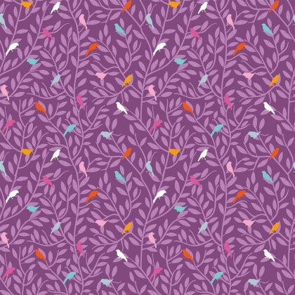 Baumwollpopeline bunte Vögel auf Zweigen - violett
