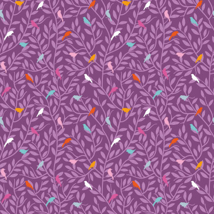 Baumwollpopeline bunte Vögel auf Zweigen - violett