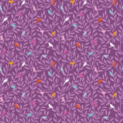 Baumwollpopeline bunte Vögel auf Zweigen - violett